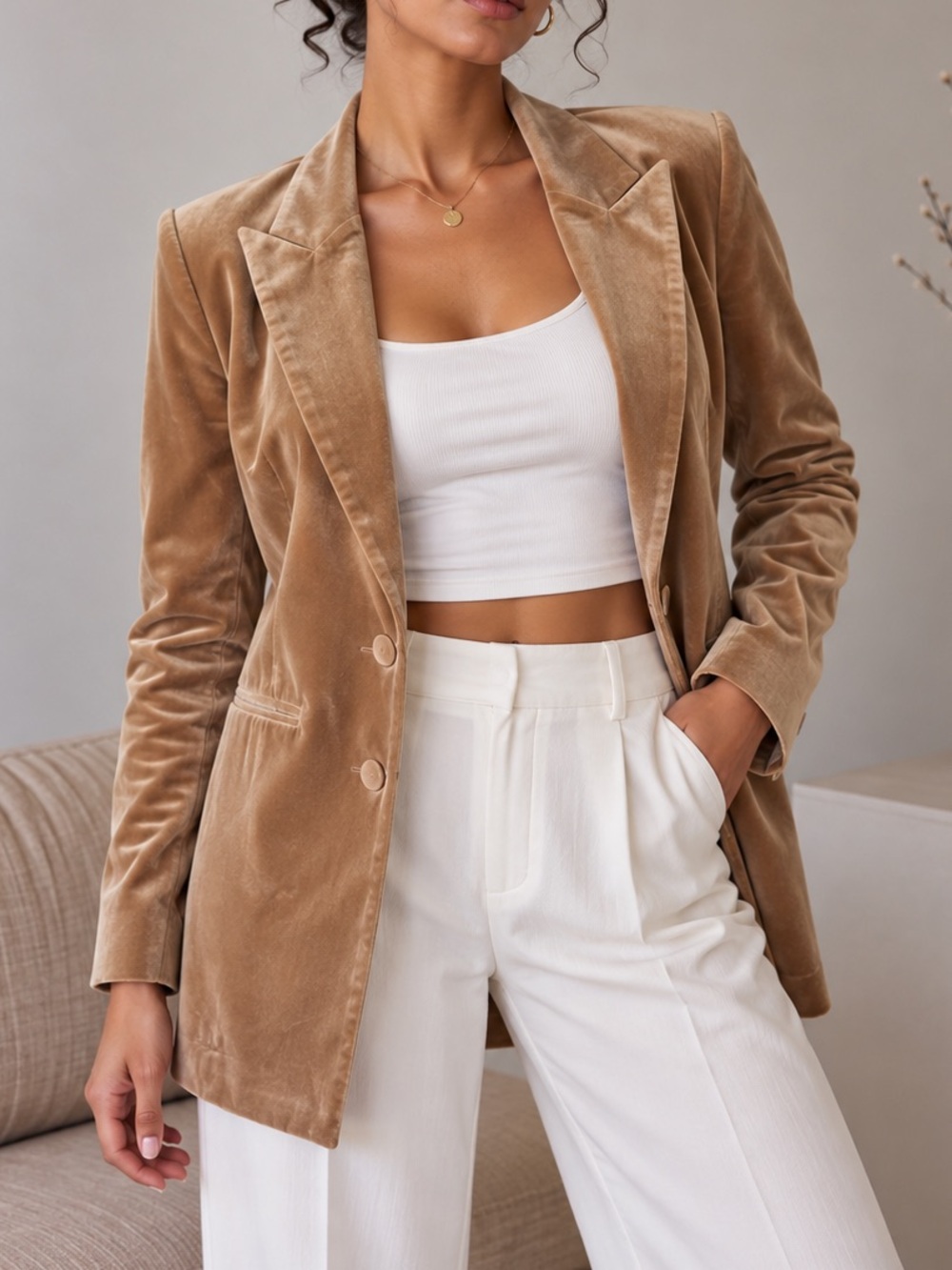 Camel Velvet Long Blazer